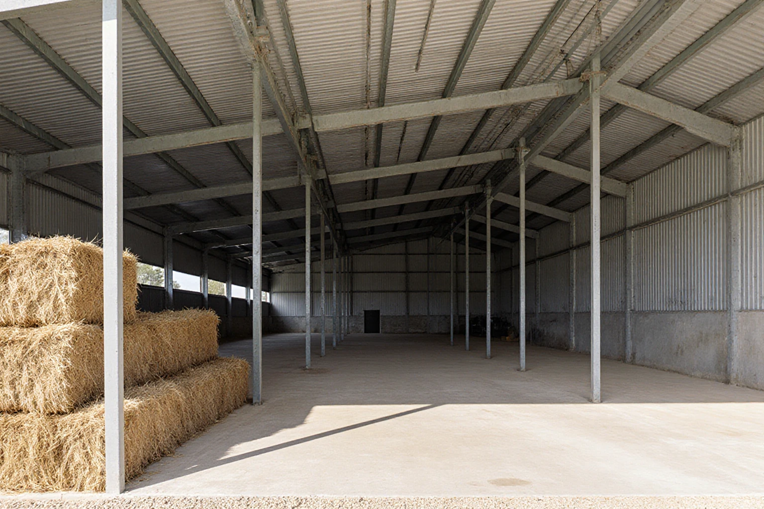 Hangar agricole ouvert avec des bottes de paille, des poteaux et une charpente métallique